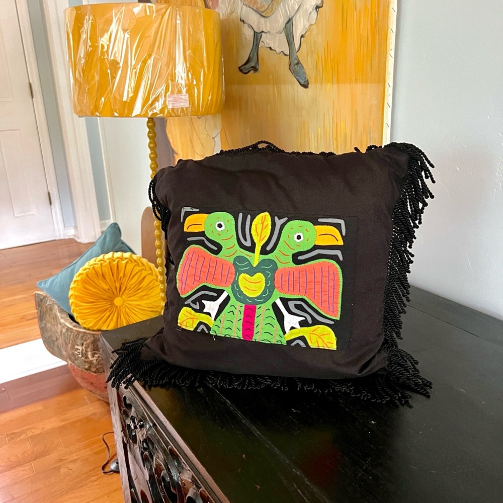 Mola Fringed Pillow, 18”, Traditional Folk-Art, Colombian by Panamanian Guna.